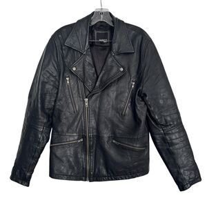 Barneys Originals Jacket Mens Medium Black Leather Biker Moto Zip Pockets